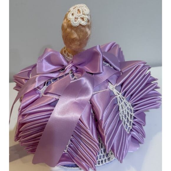 Vintage Ribbonwork Pincushion Doll Lavender Satin Boudoir Sewing Decor - Picture 4 of 9